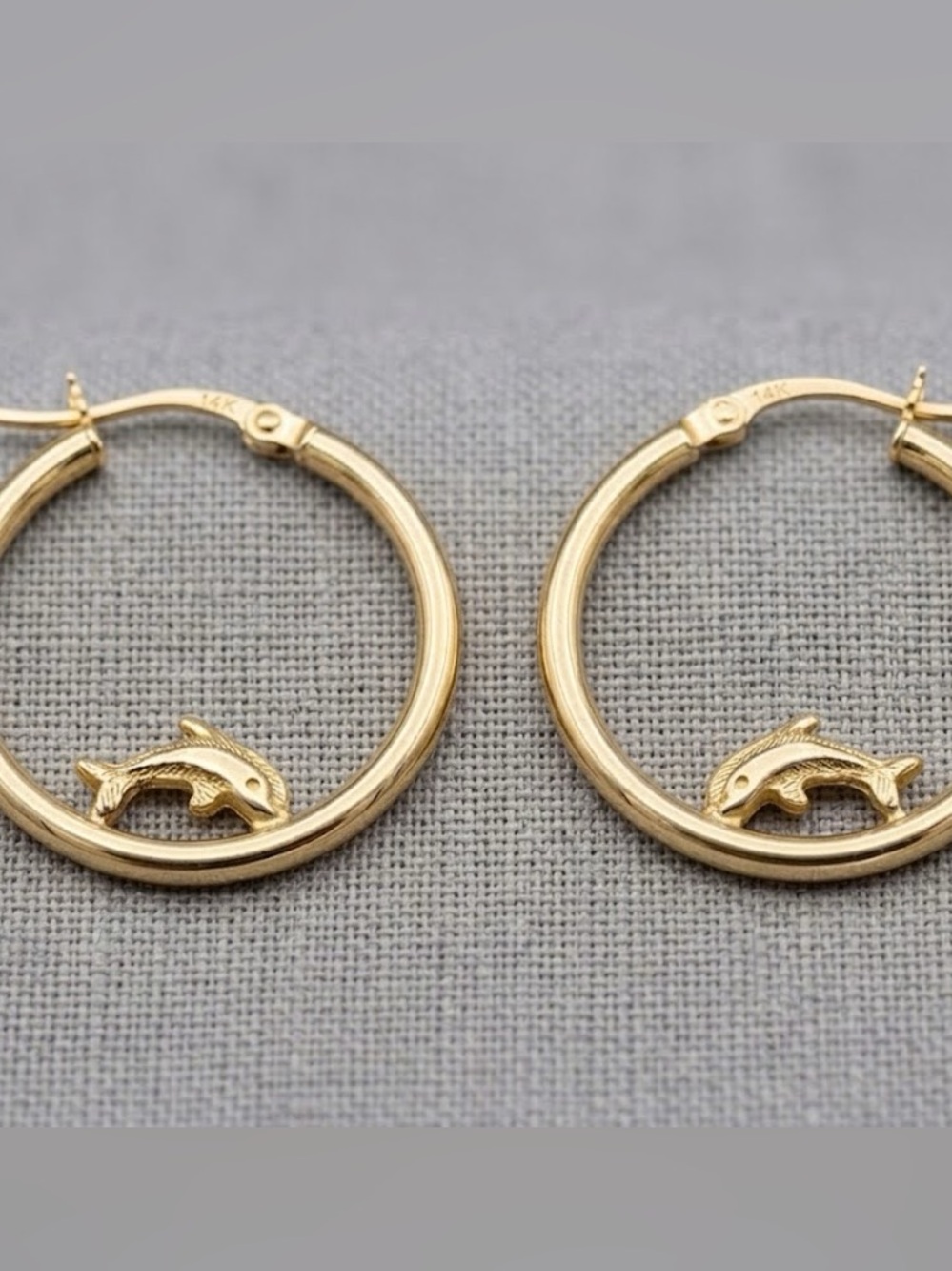 14K Gold Dolphin Hoop Earrings 1 Inch Nautical Hoops - Picture 2 of 7